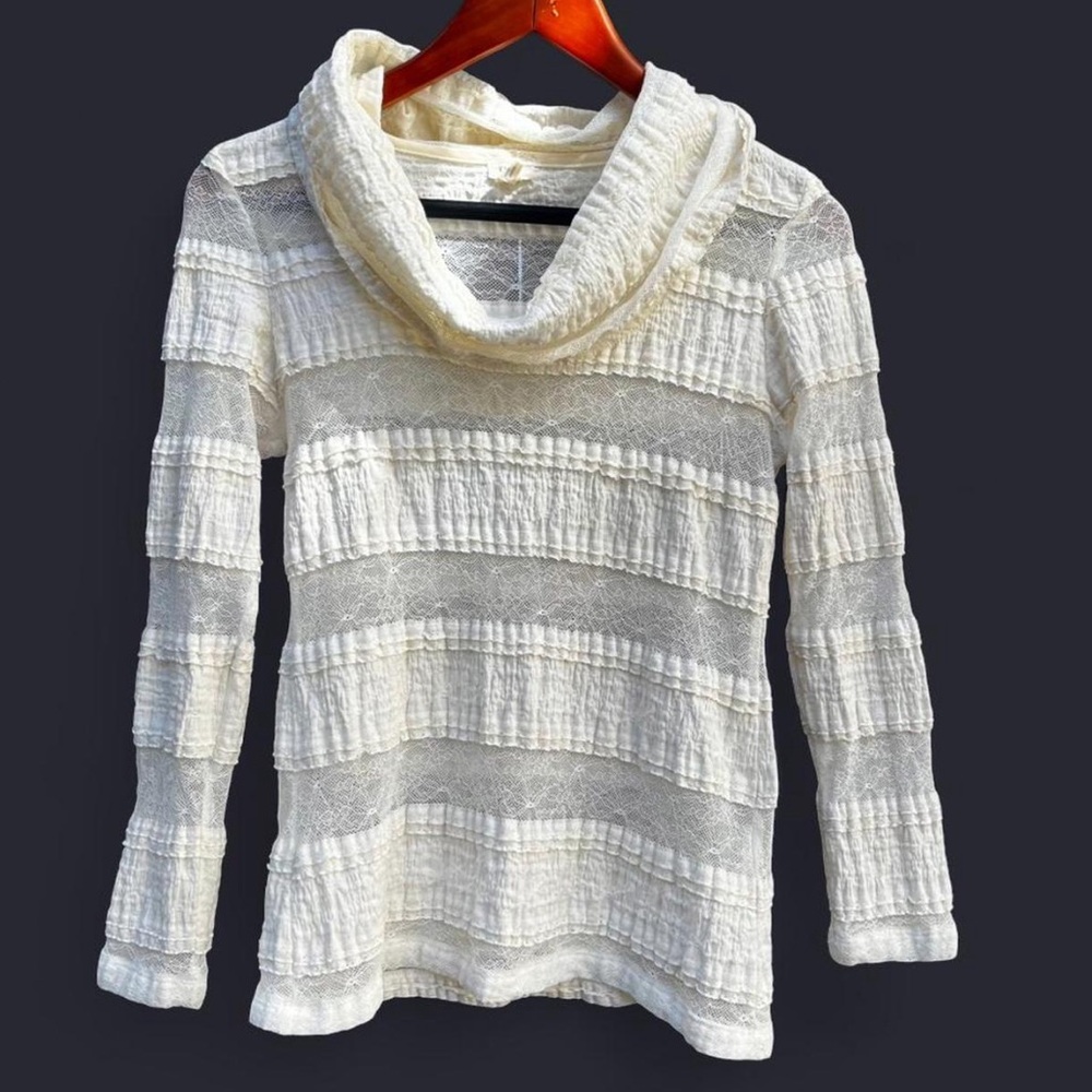 Cream Shear Lace Long Sleeved Cowl Neck Blouse Feminine Cottagecore Coquette XSP